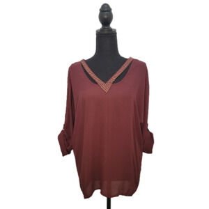 Metaphor Scoop V-Neck 3/4 Cuffed Sleeves Sheer Maroon Blouse with Stud Accents